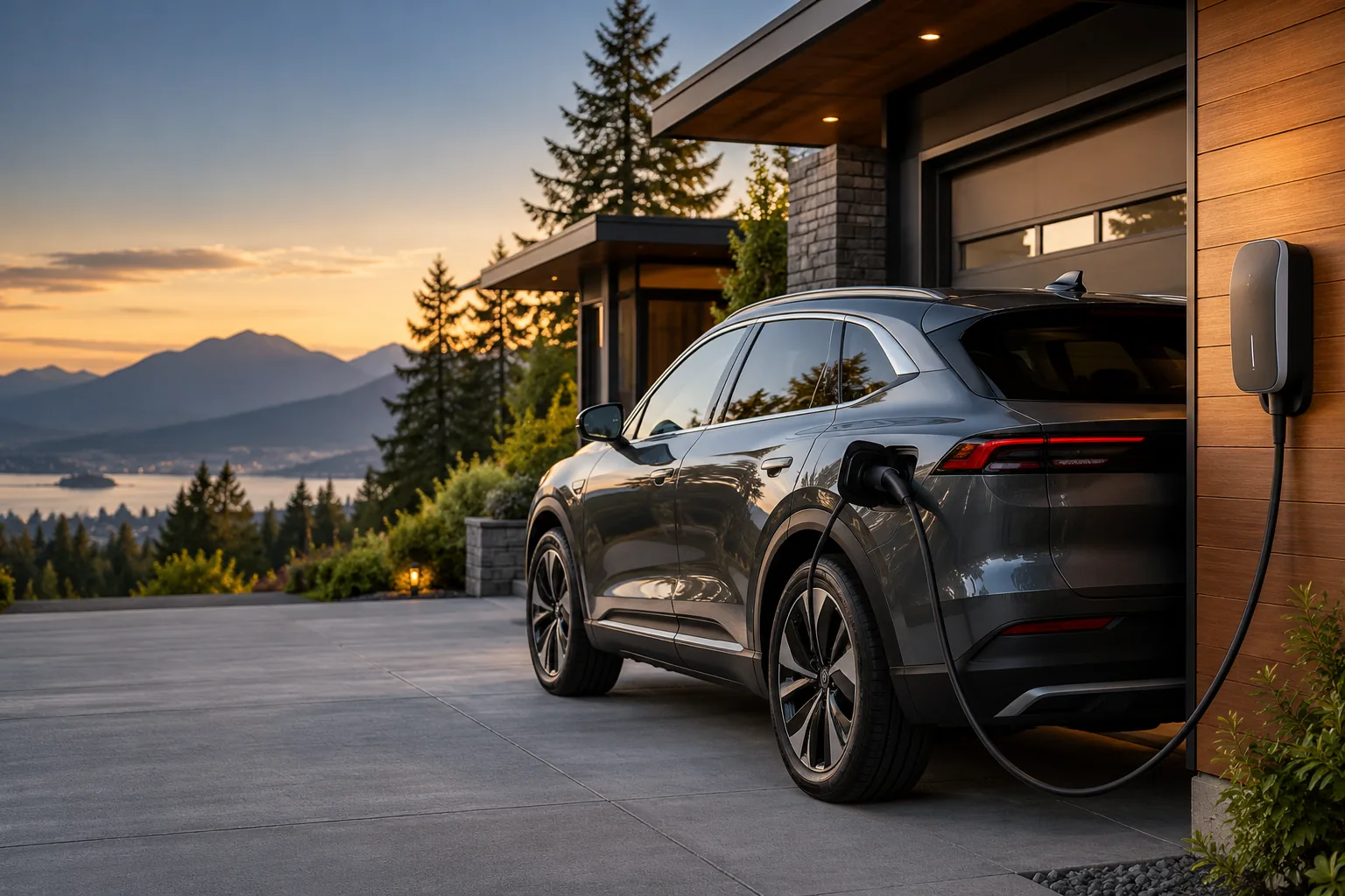 Illustrative electric SUV connected to a residential home charger