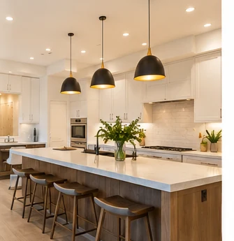 Illustrative modern kitchen with recessed LED downlights, showing a lighting style that may require ceiling access for installation
